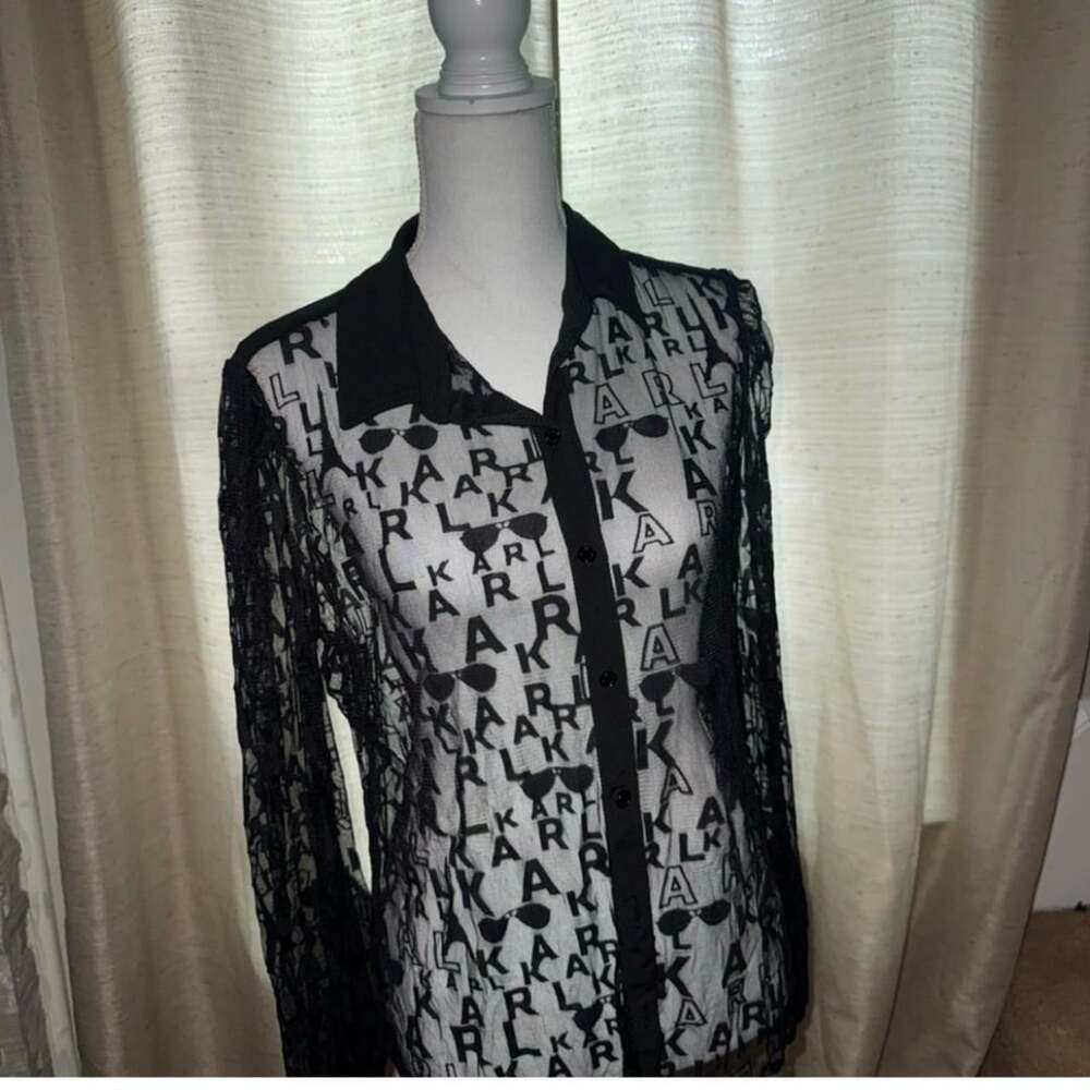 Karl Lagerfeld Sheer Logo Button-Up Top Black